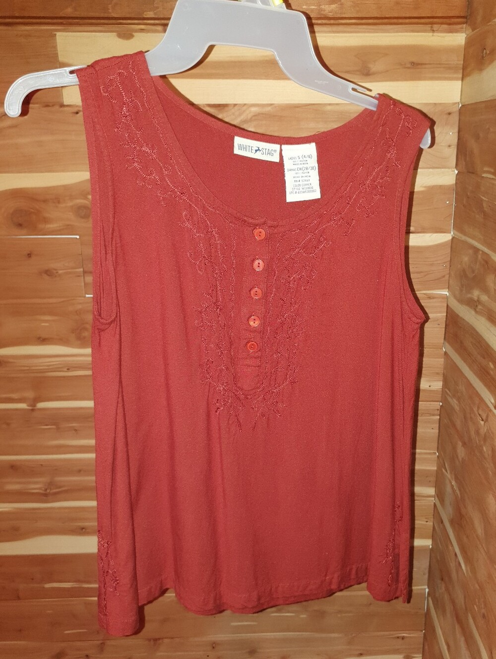 White Stag Rust Sleeveless Henley Tank with Embroidery